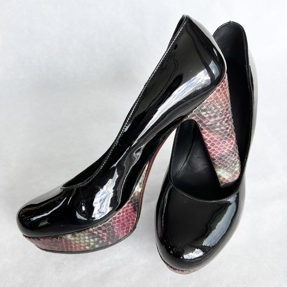 Platform Donald Pliner Black Patent Leather Snake Print Heel - Picture 5 of 16